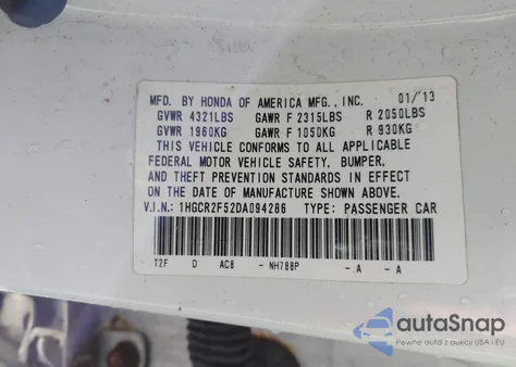 2013 Honda Accord Sport из США, поврежденный, VIN 1HGCR2F52DA094286